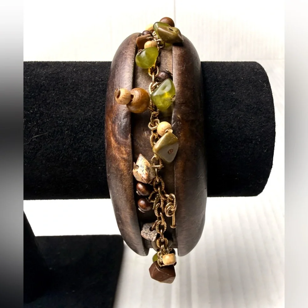 Wooden Bangle Bohemian Boho Beaded Chunky Bracelet Glass‎ Wood Nature Artisan